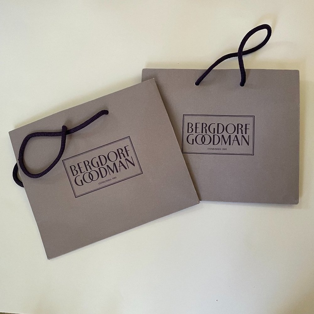 Two (2) small Bergdorf Goodman purple paper shopping bags 7.5 x 9"